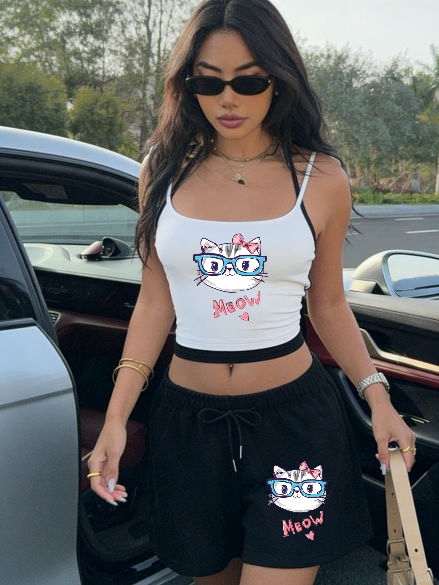 Meow Cute Bow Cat Print Crop T - مراجعة Fitness & Nutrition Lab Zapopan وسعره